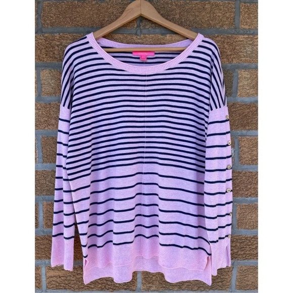 LILLY PULITZER Melenie "Cool-Max" Sweater in Heathered Pink Tropics Stripe Large - Picture 1 of 7